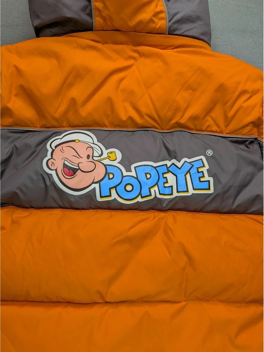 VTG Popeye Puffer Jacket Kids 7-8 Orange Gray Hooded Vintage Cartoon Winter Logo